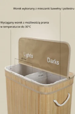 Bambusowy kosz na pranie, dwukomorowy ARVI, 100 l