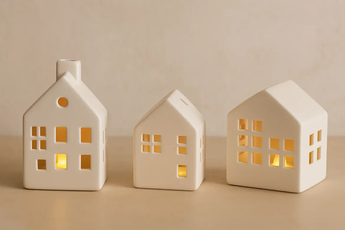 Ceramiczne domki LED SCANDI, 3 ozdoby świetlne