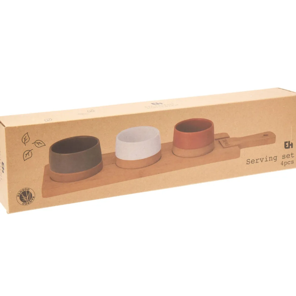 Ceramiczne miseczki do serwowani, drewniana taca