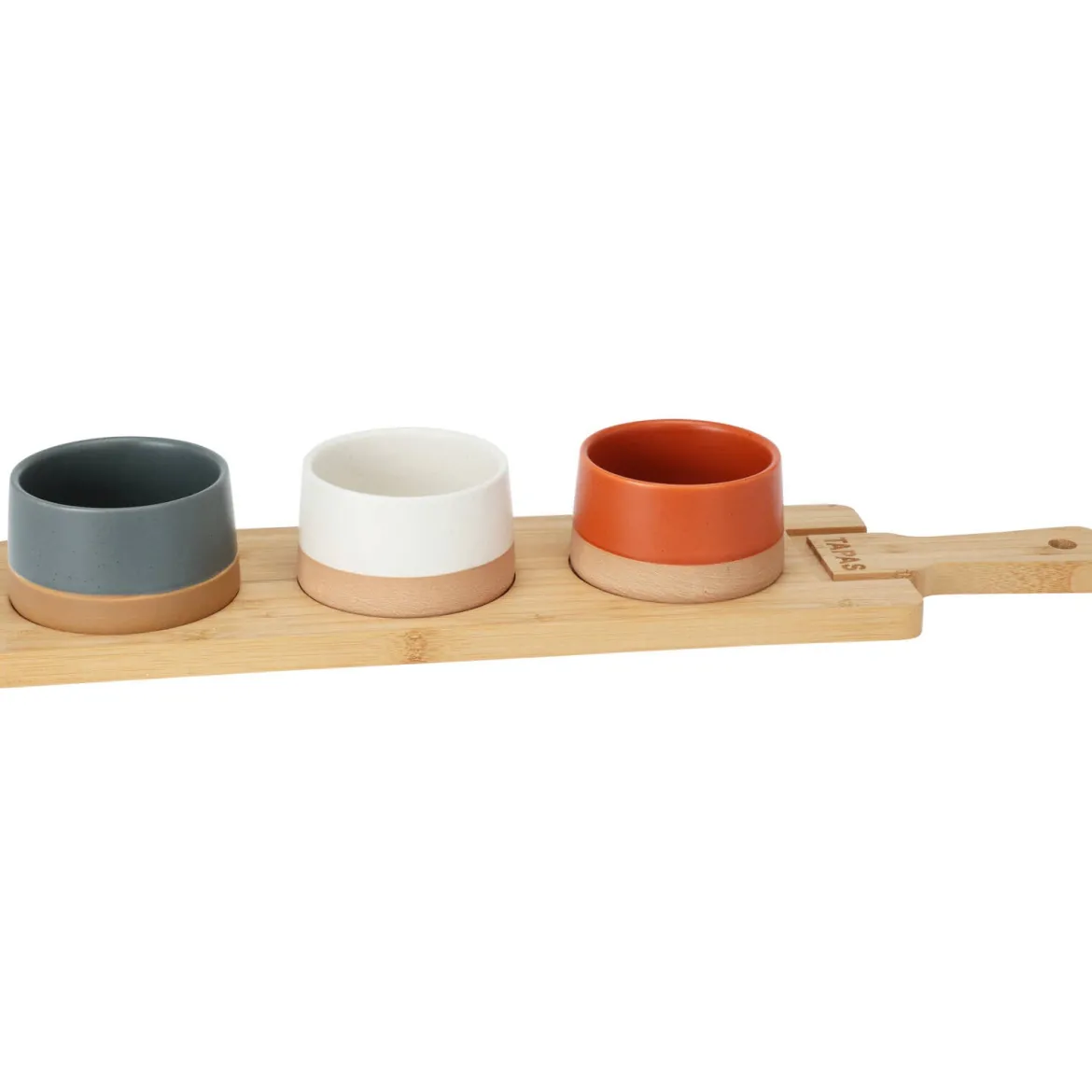 Ceramiczne miseczki do serwowani, drewniana taca