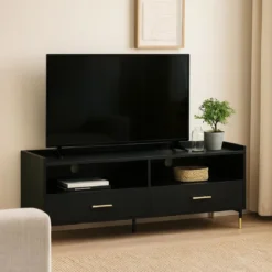 Czarna szafka pod telewizor TEDY, na złotych nóżkach