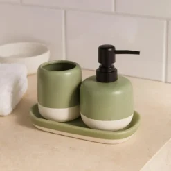Dozownik do mydła i kubek na szczoteczki na ceramicznej podstawce THE PASTELS