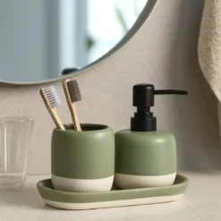 Dozownik do mydła i kubek na szczoteczki na ceramicznej podstawce THE PASTELS