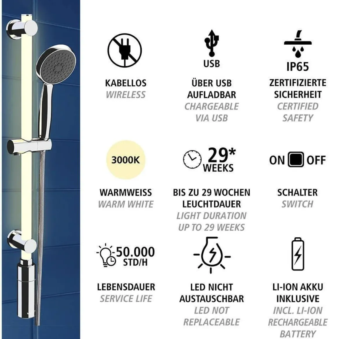 Drążek prysznicowy LED 74 cm, ciepła biel, WENKO, biały