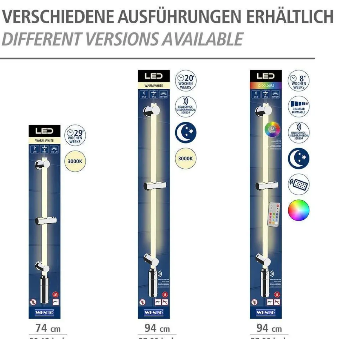 Drążek prysznicowy LED 74 cm, ciepła biel, WENKO, biały