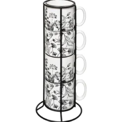 Filiżanki ceramiczne na stojaku FLORAL, 240 ml, 4 sztuki