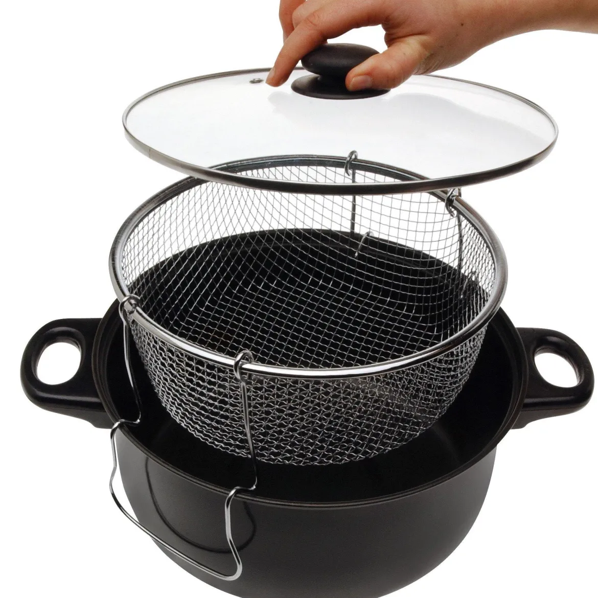 Garnek do smażenia na głębokim oleju z koszyczkiem i szklaną pokrywką, 26 cm