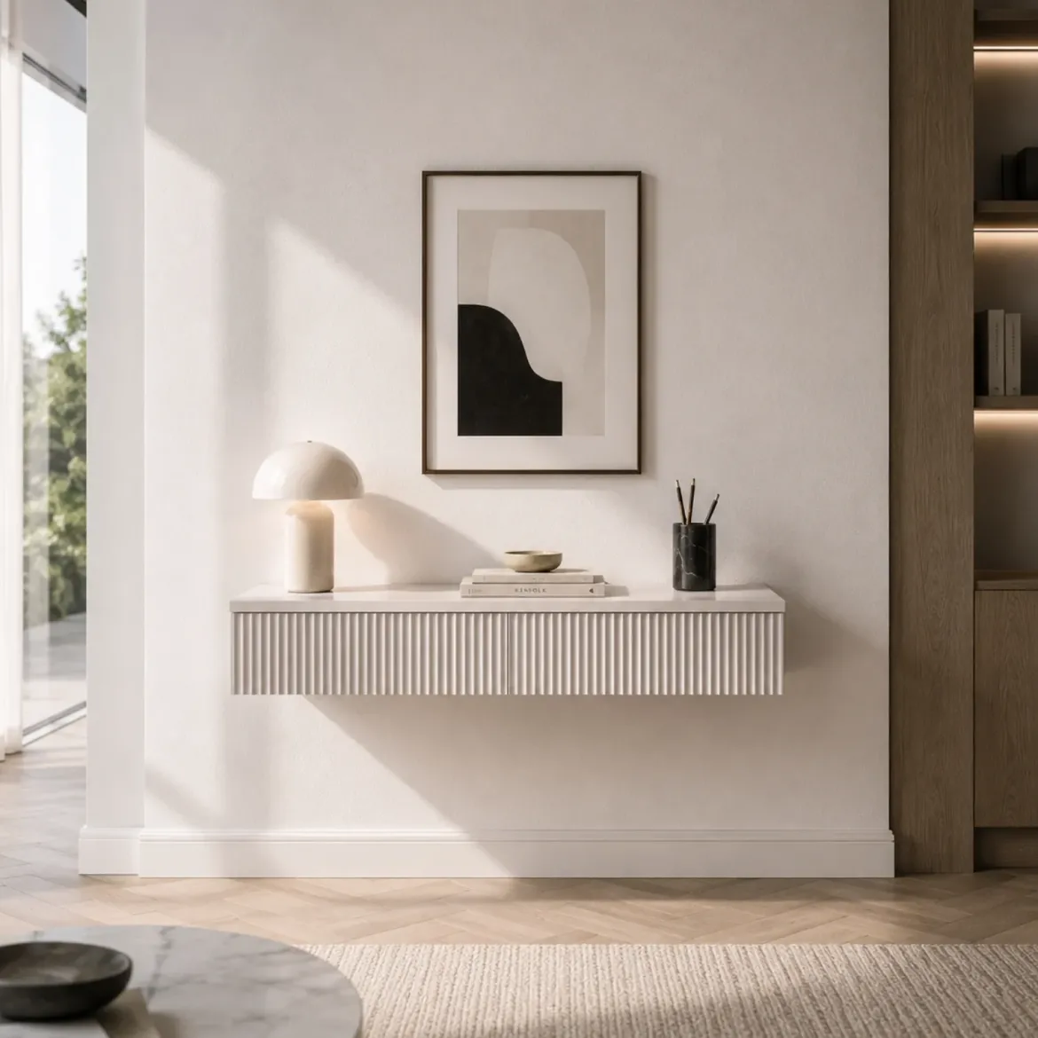 Konsola wisząca z 2 szufladami, front ryflowany, 100 x 38 x 17 cm