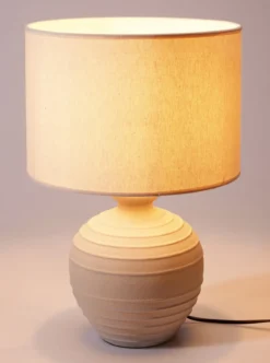 Lampa stołowa z okrągłą podstawą cementową, abażur lniany, Ø 32 x 47 cm
