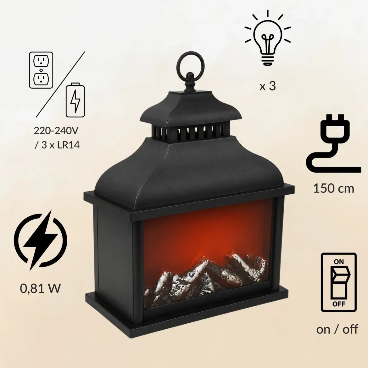 Lampion kominkowy LED, 13,5 x 25,5 x 37 cm