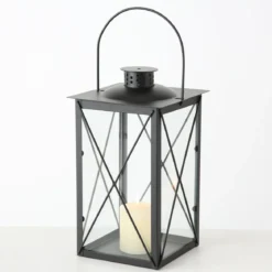 Metalowy lampion na świecę, szklane szyby, FAROL, 30 cm