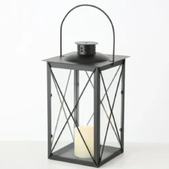 Metalowy lampion na świecę, szklane szyby, FAROL, 30 cm