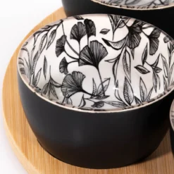 Miseczki na przekąski FLORAL, na drewnianej tacy, 5 miseczek, 70 ml