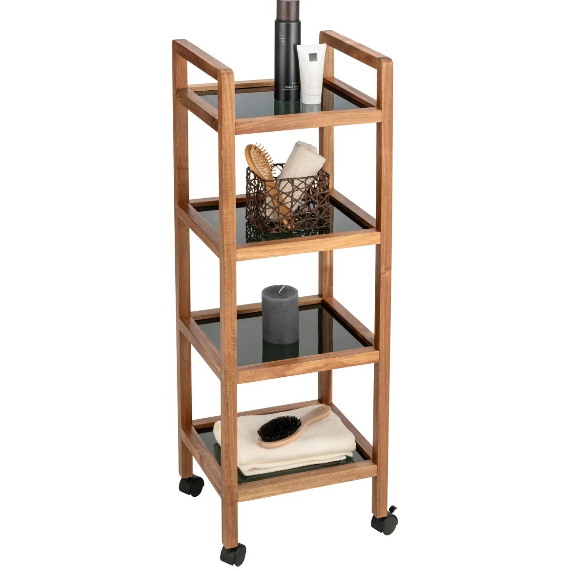 Mobilny regał z drewna akacji FONDI, 4 poziomy, wys. 101,5 cm