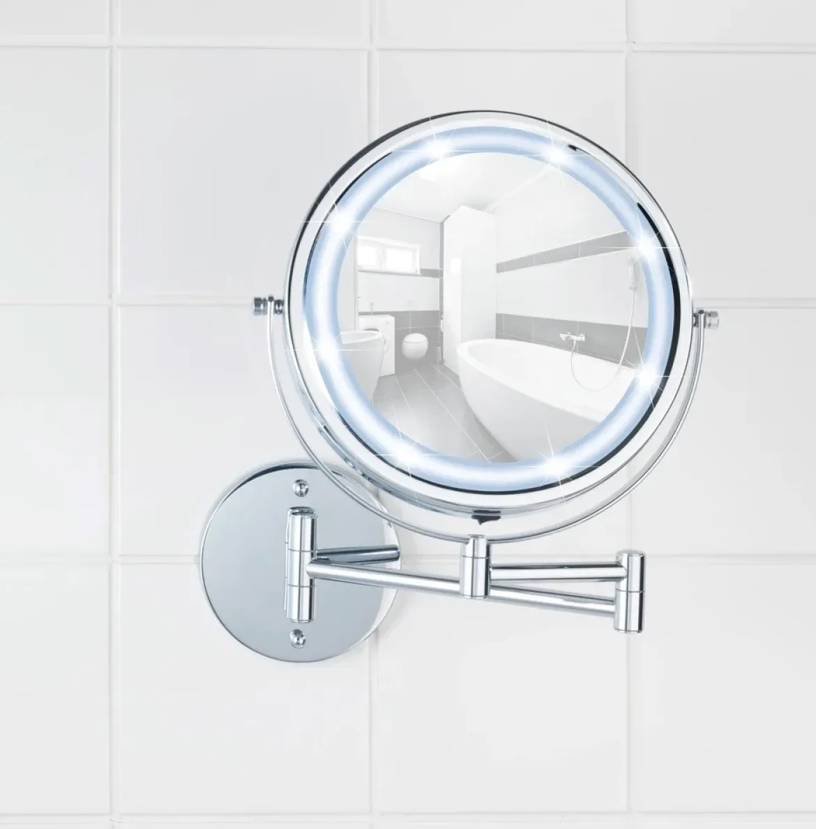 Naścienne lusterko kosmetyczne Power-Loc LUMI z podświetnielniem LED, powiększenie x5, WENKO
