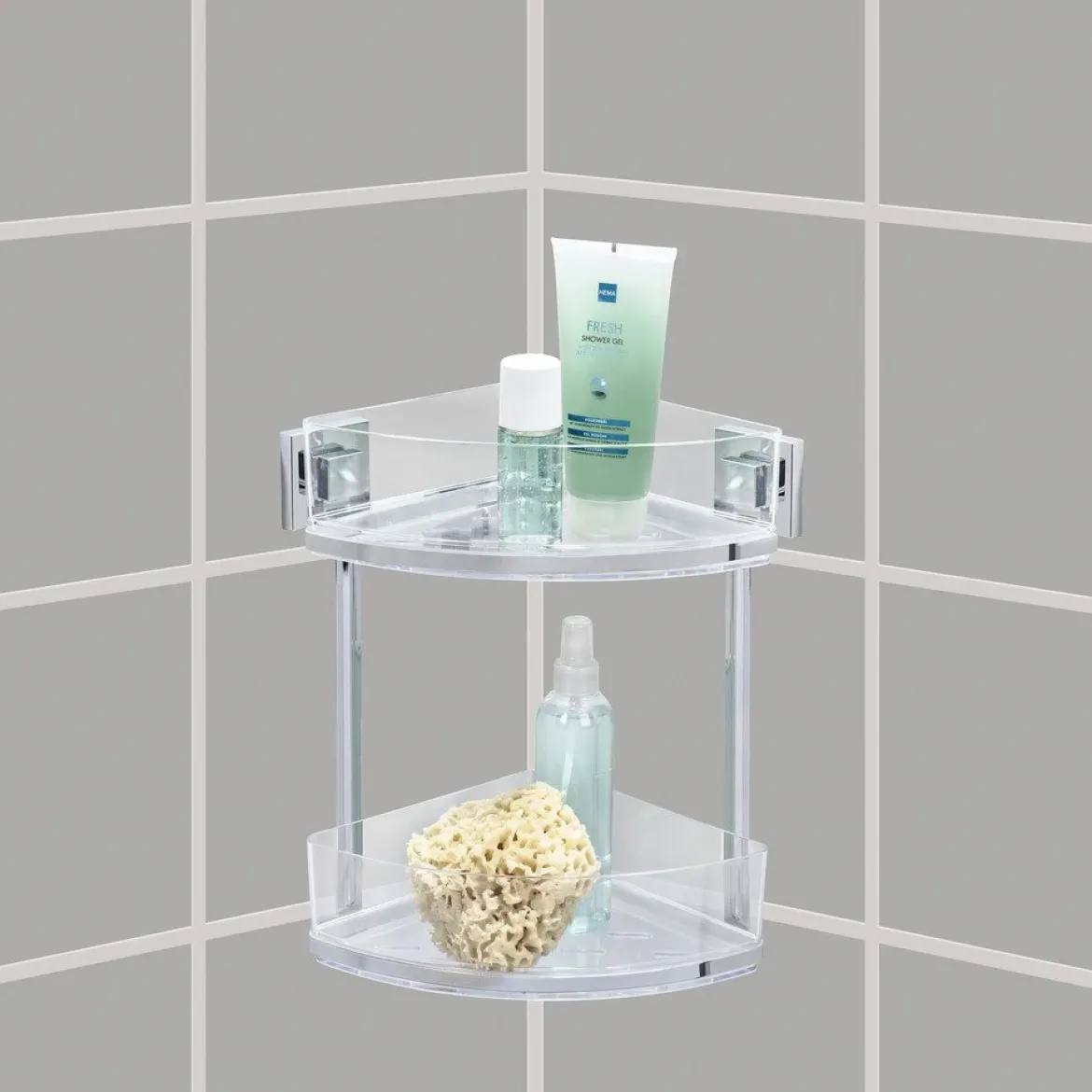 Narożna półka łazienkowa QUADRO,Vacuum-Loc pod prysznic, 2 poziomy, WENKO