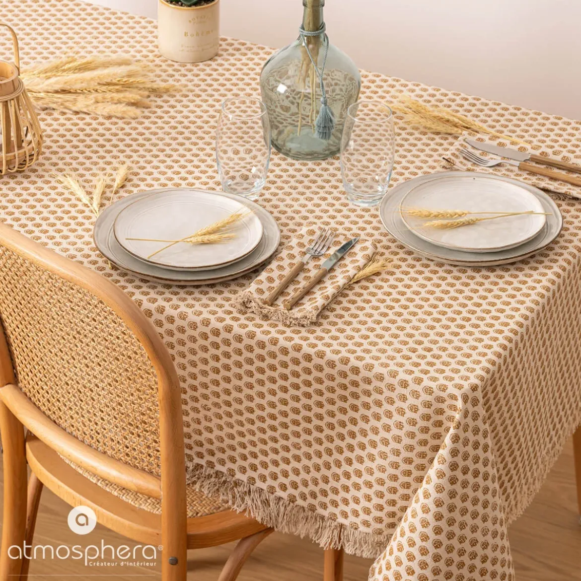 Obrus z frędzlami INDIE, wzór etno, 100% bawełna, 150 x 250 cm