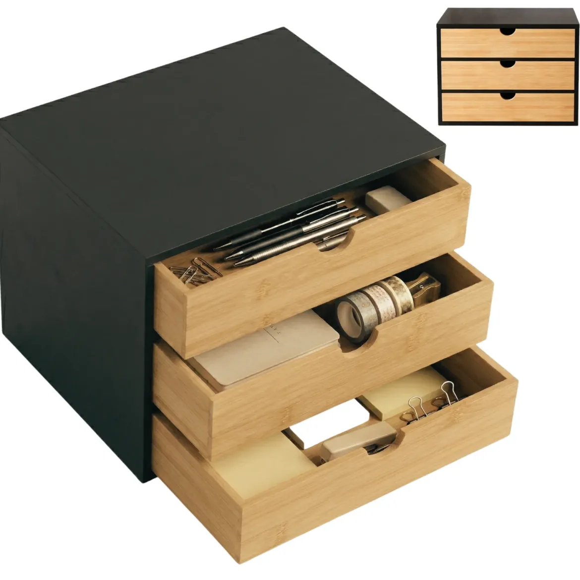 Organizer biurowy HEGO z 3 szufladkami, bambusowy, 25 x 31 x 25 cm