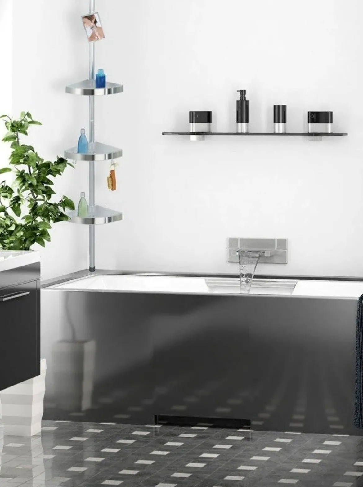 Półka łazienkowa narożna Premium Edge, 3 poziomy, lusterko, teleskopowa, WENKO