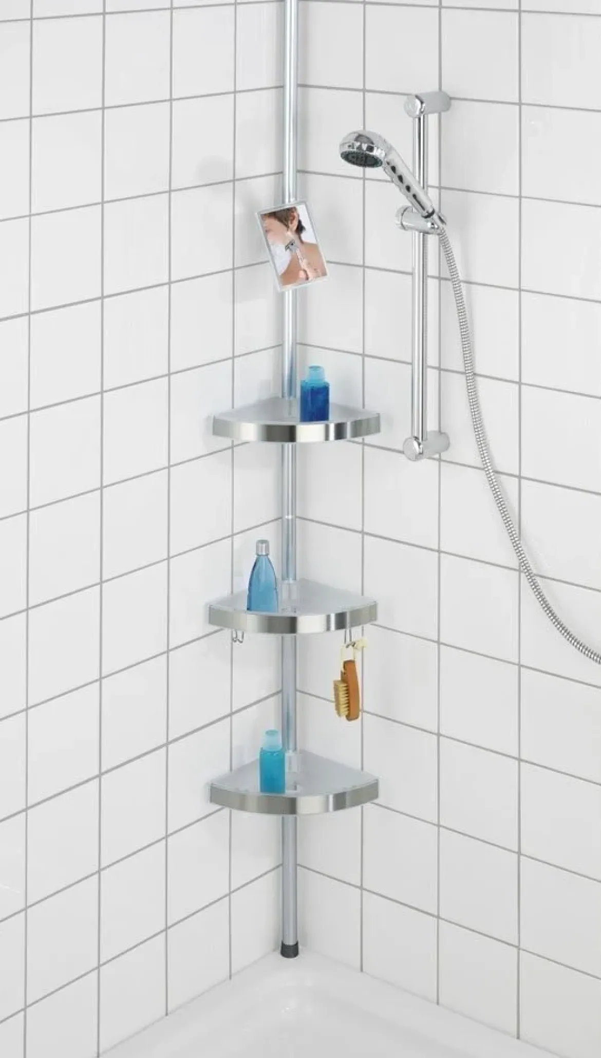 Półka łazienkowa narożna Premium Edge, 3 poziomy, lusterko, teleskopowa, WENKO