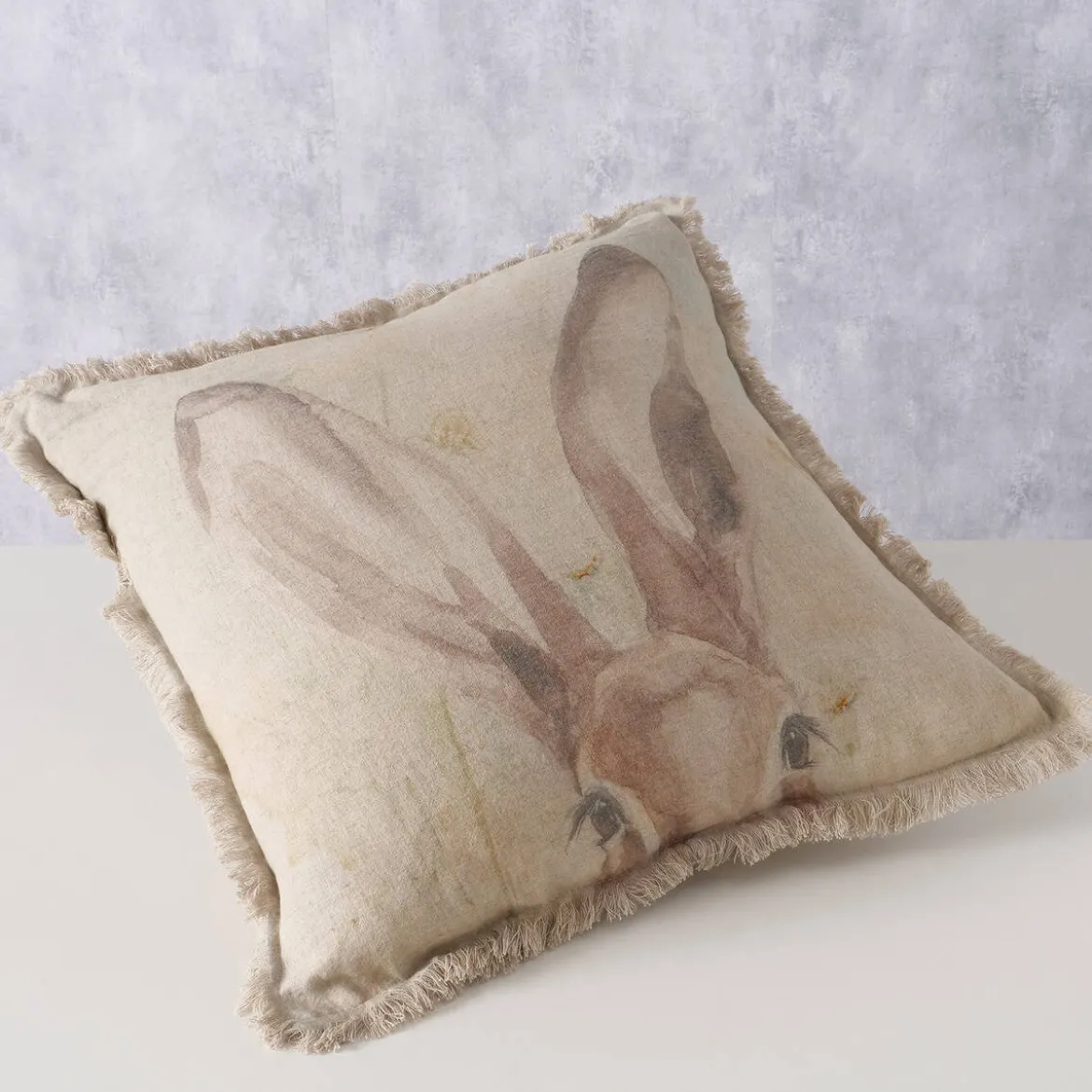 Poduszka dekoracyjna z frędzlami RABBIT, lniana, 45 x 45 cm