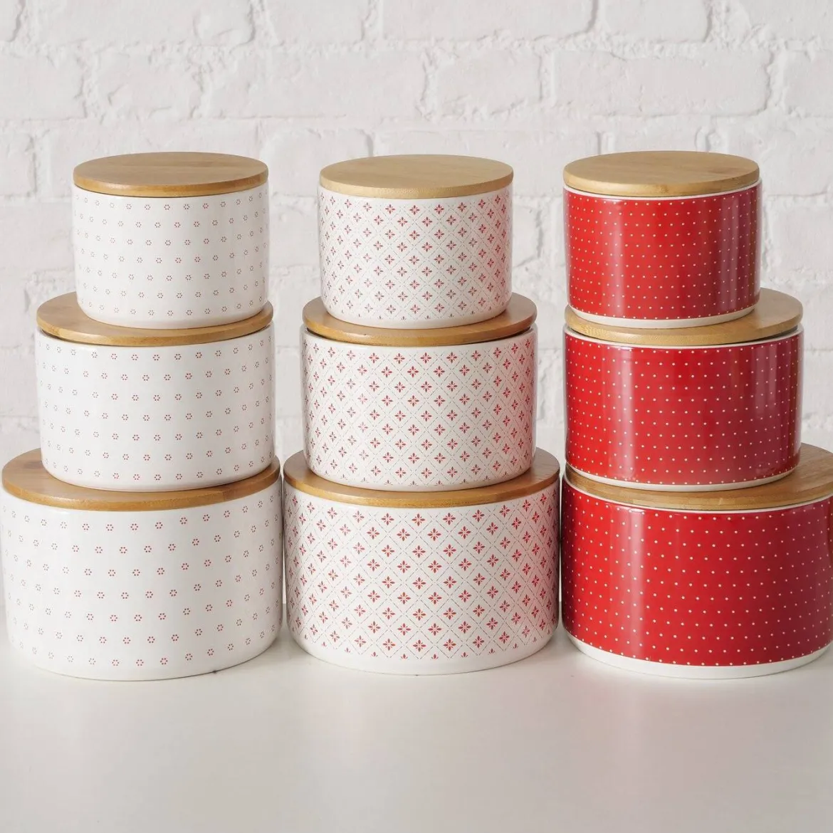 Pojemniki ceramiczne z bambusową pokrywą LILLY, 3 sztuki