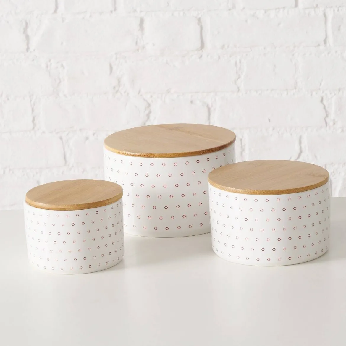 Pojemniki ceramiczne z bambusową pokrywą LILLY, 3 sztuki