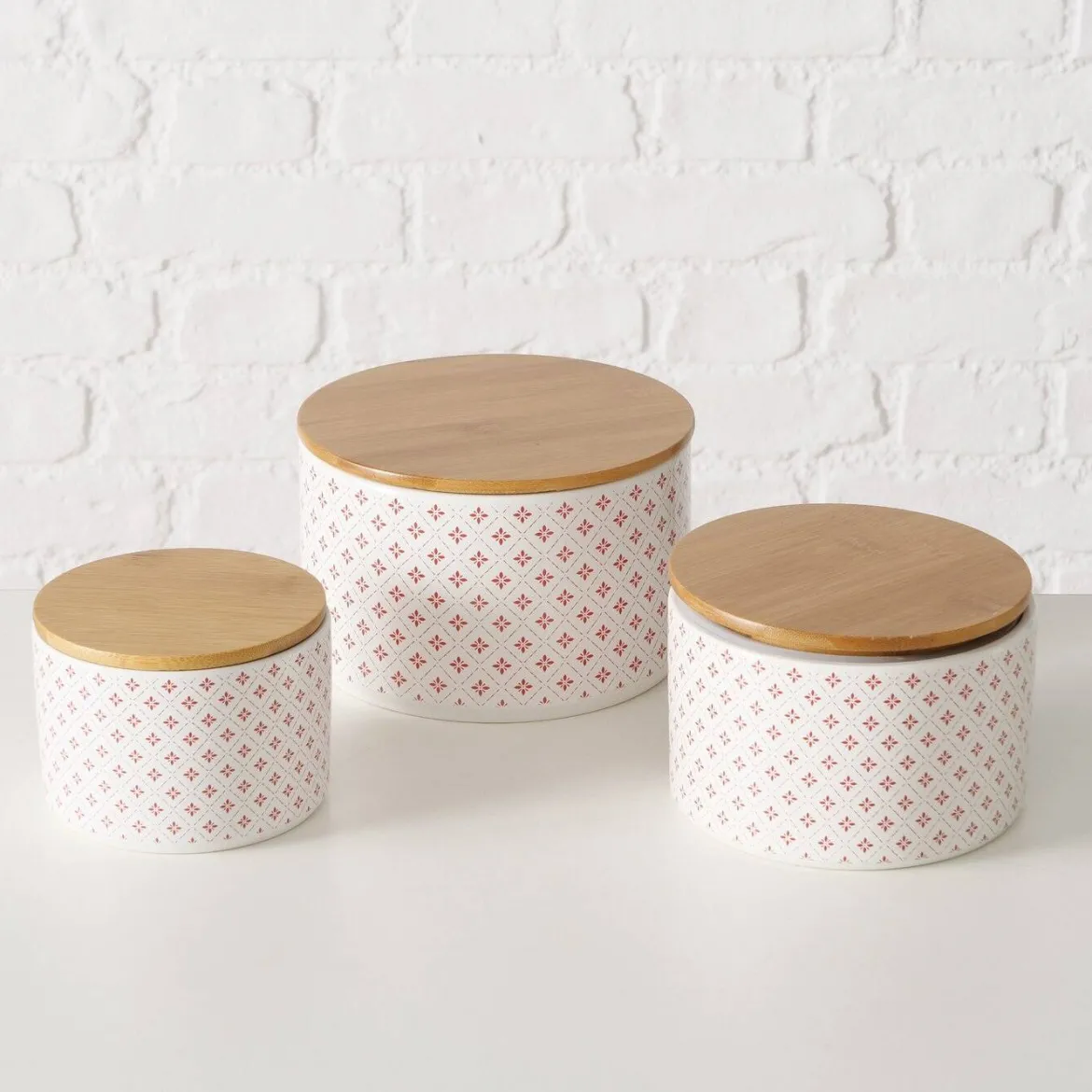 Pojemniki ceramiczne z bambusową pokrywą LILLY, 3 sztuki