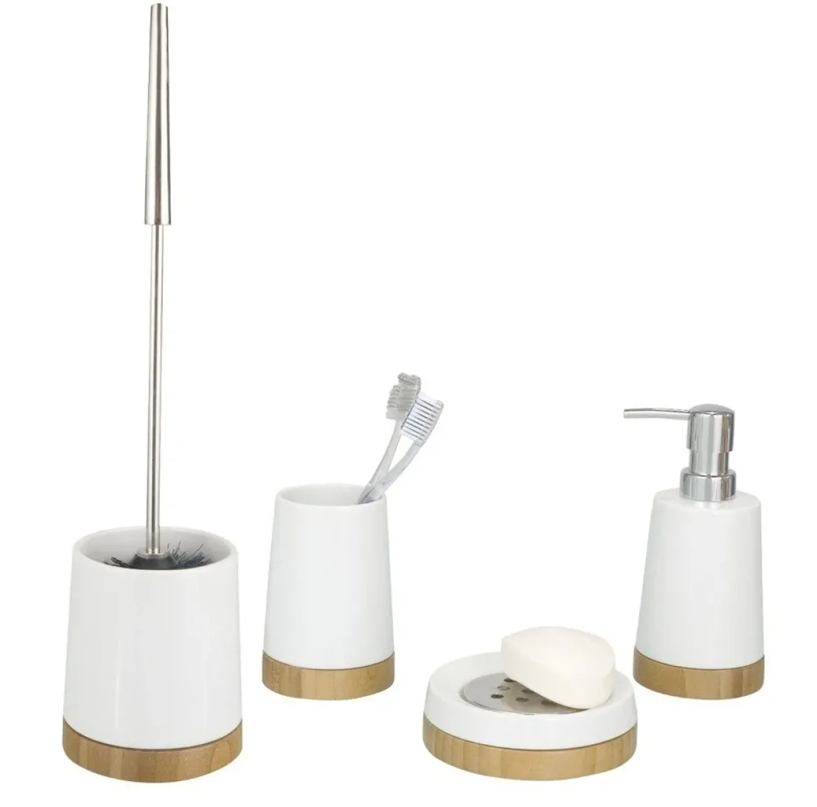 Pojemnik na szczoteczki, dozownik do mydła, mydelniczka i szczotka do wc BAMBOO - zestaw