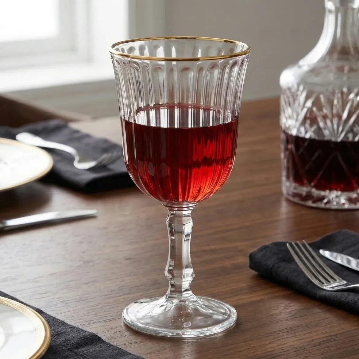 Prążkowany kieliszek na wino ze złotym brzegiem, 240 ml