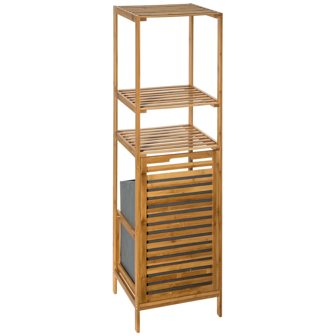 Regał łazienkowy bambusowy z uchylnym koszem na pranie