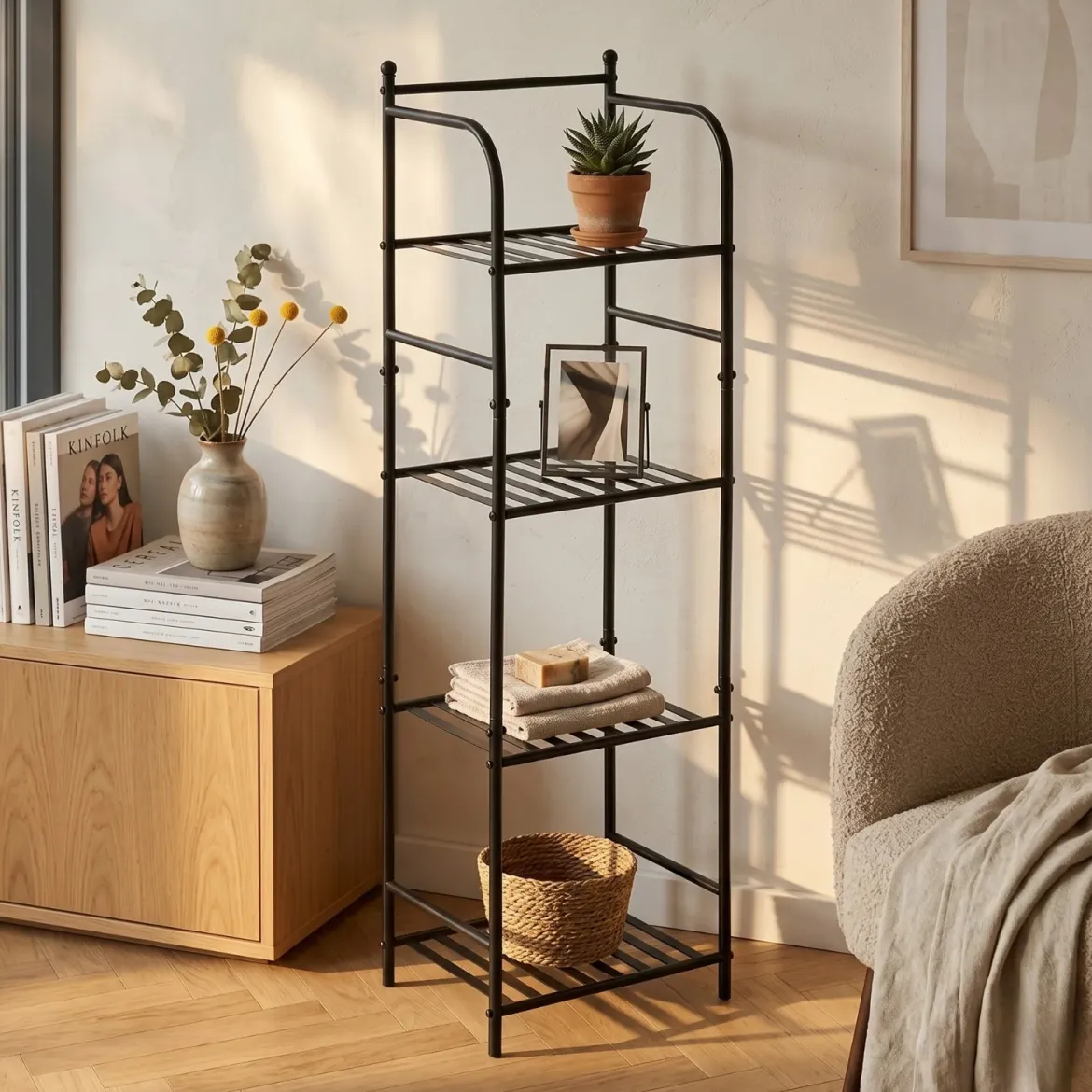 Regał ścienny metalowy, 4-poziomowy, 35 x 27 x 115,5 cm