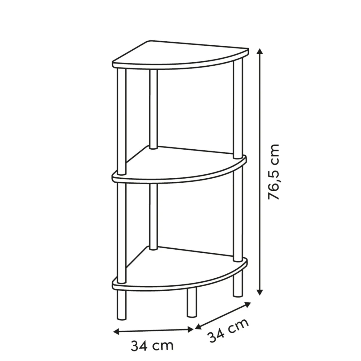 Regał narożny COME, 3 poziomy, 76 cm