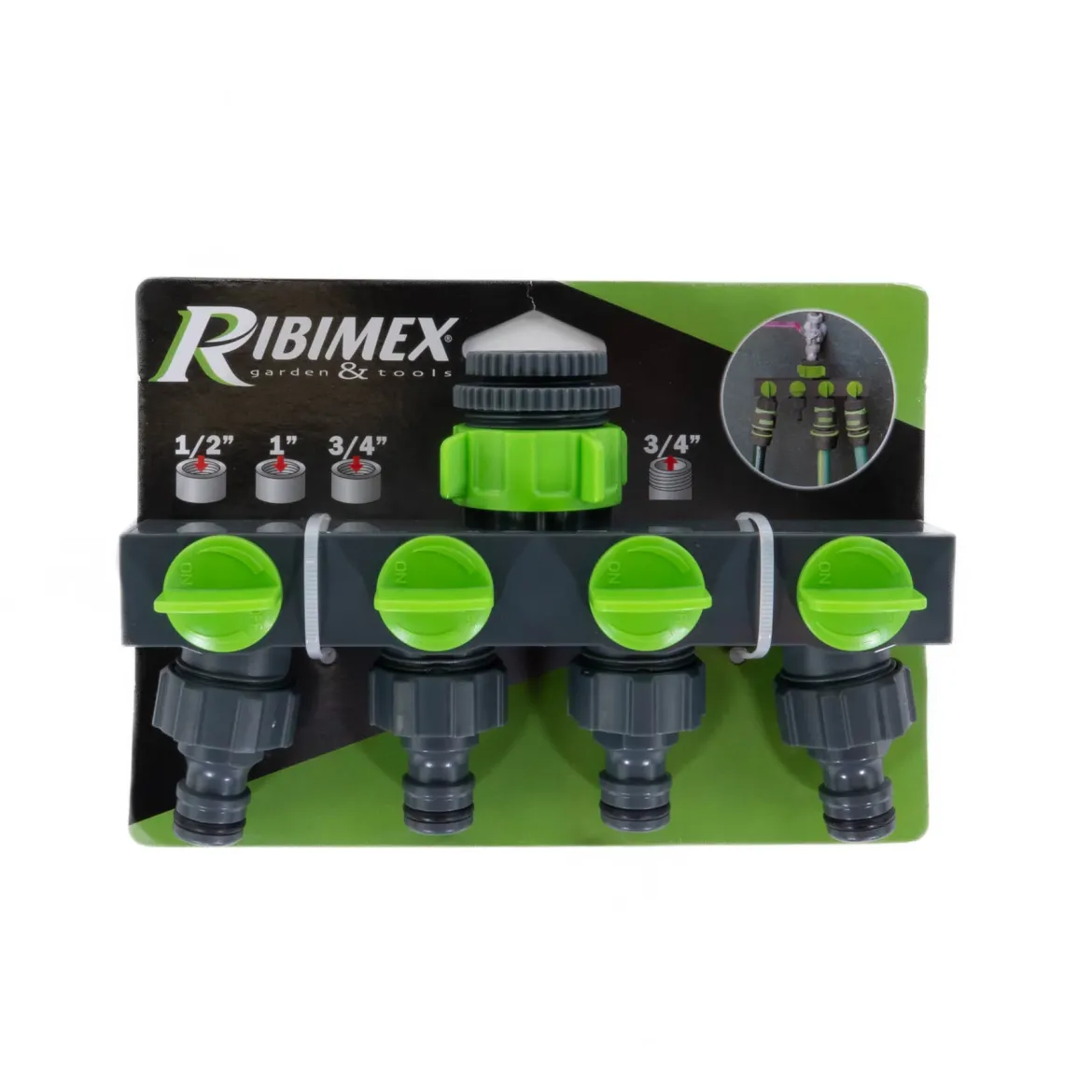 Rozdzielacz wody do kranu ogrodowego RIBIMEX, 3/4" i 1", 3/4" i 1/2”