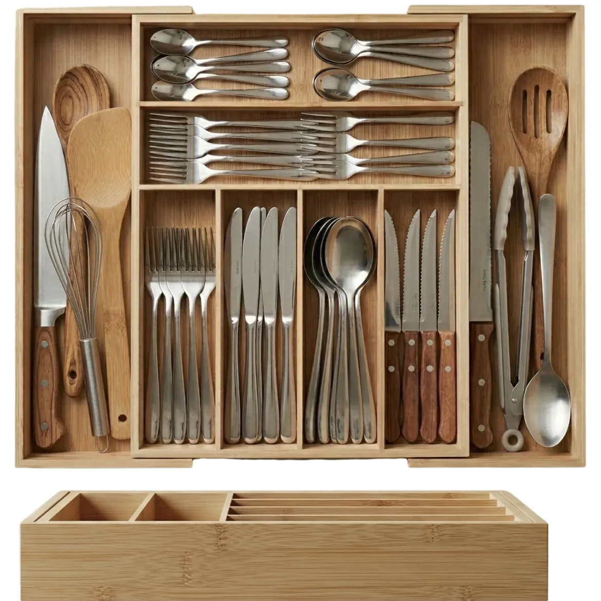 Rozkładany organizer na sztućce VARIO, 53 x 33-43 cm, bambus