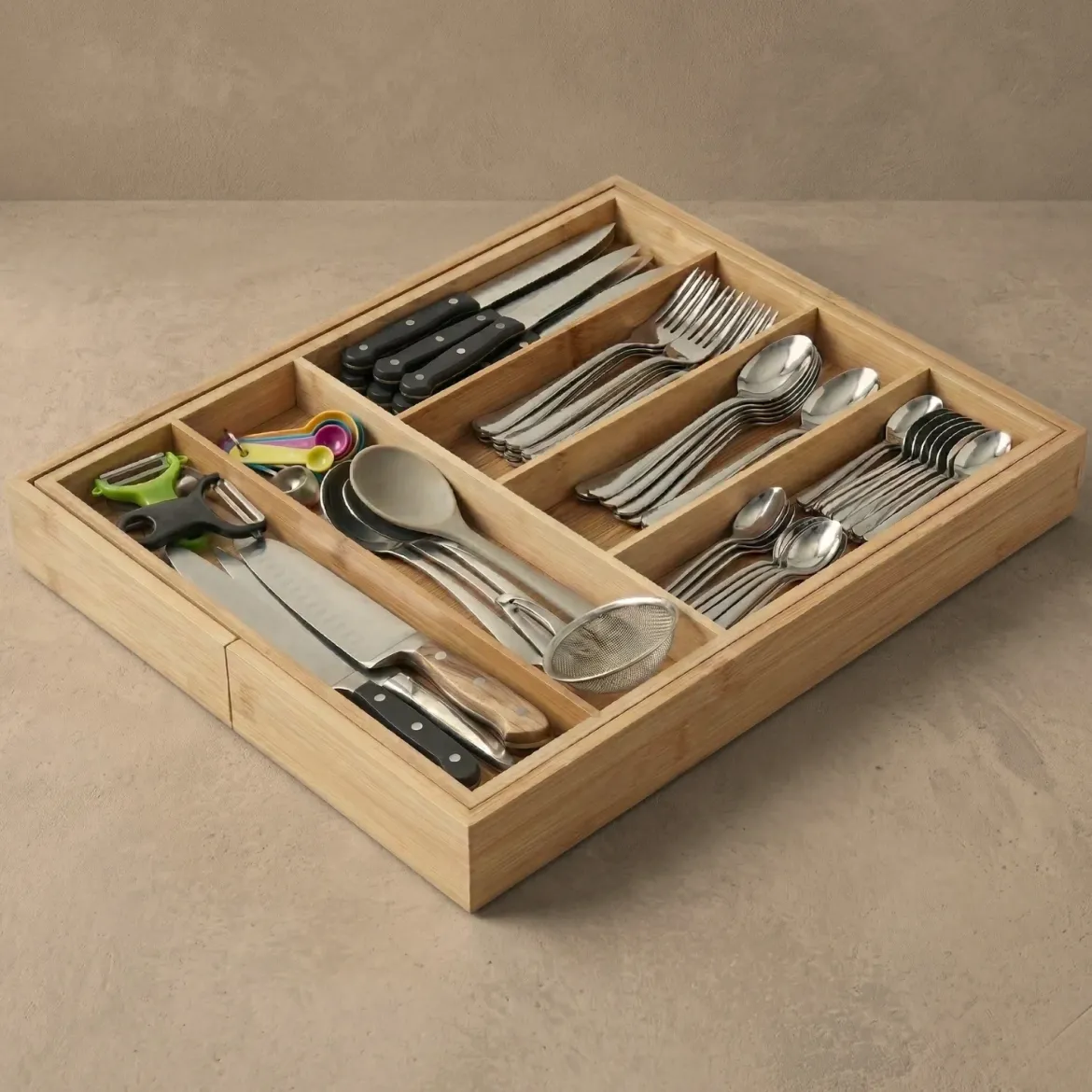 Rozkładany organizer na sztućce VARIO, 53 x 33-43 cm, bambus