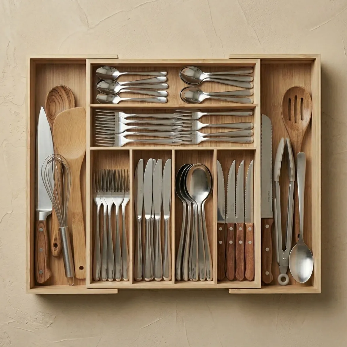 Rozkładany organizer na sztućce VARIO, 53 x 33-43 cm, bambus