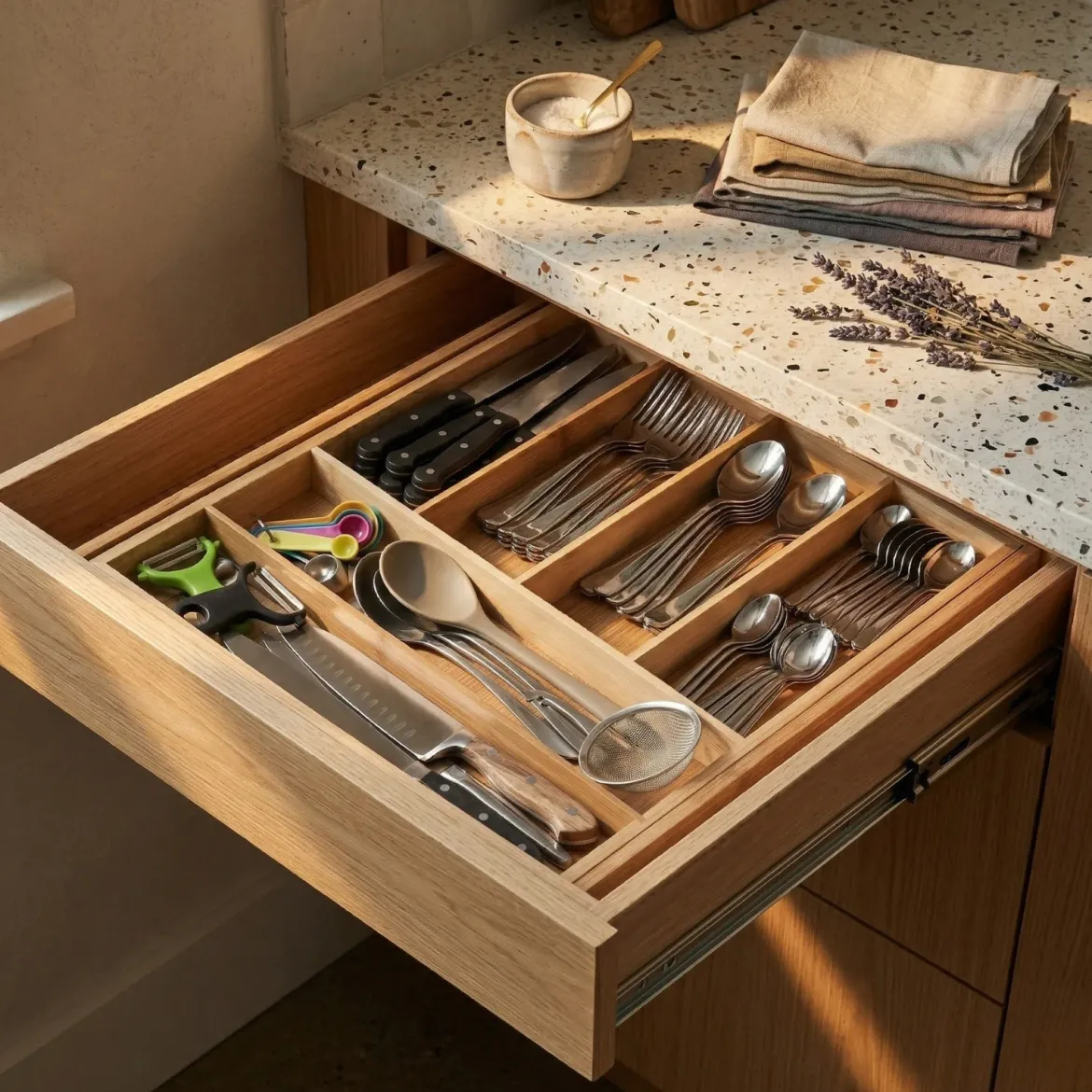 Rozkładany organizer na sztućce VARIO, 53 x 33-43 cm, bambus