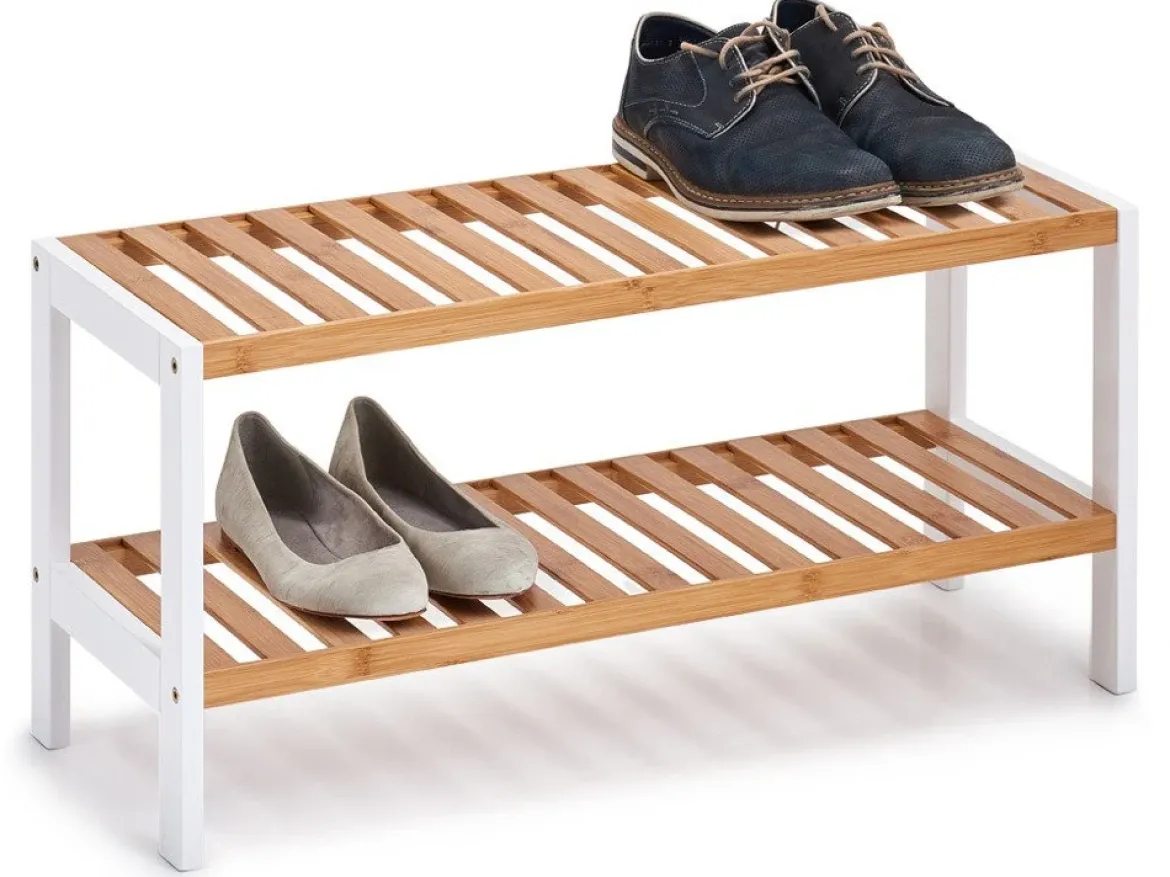 Stojak na buty, półka z bambusa i metalu, kompaktowa szafka na buty.