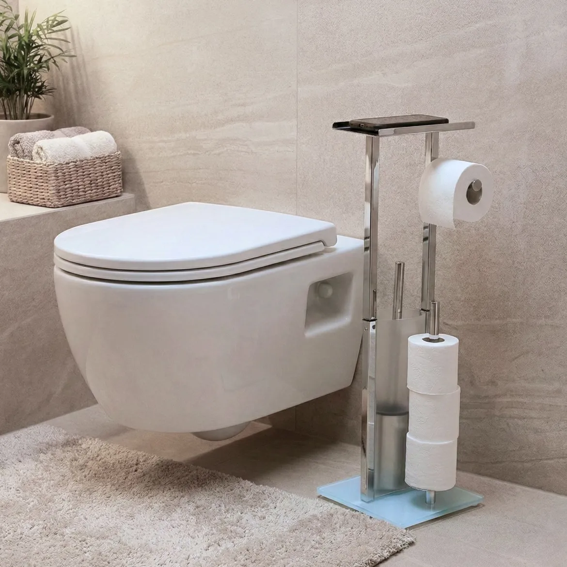 Stojak na papier toaletowy i szczotkę do WC z półką na telefon HYLLA, 65 cm