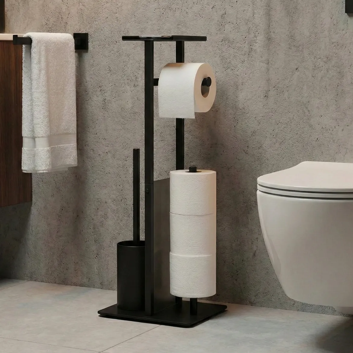 Stojak na papier toaletowy i szczotkę do WC z półką na telefon HYLLA, 65 cm