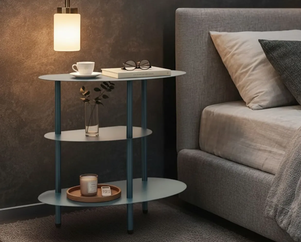 Stolik nocny SATURN, metalowy, morski, 49,5x27,5x49,5 cm