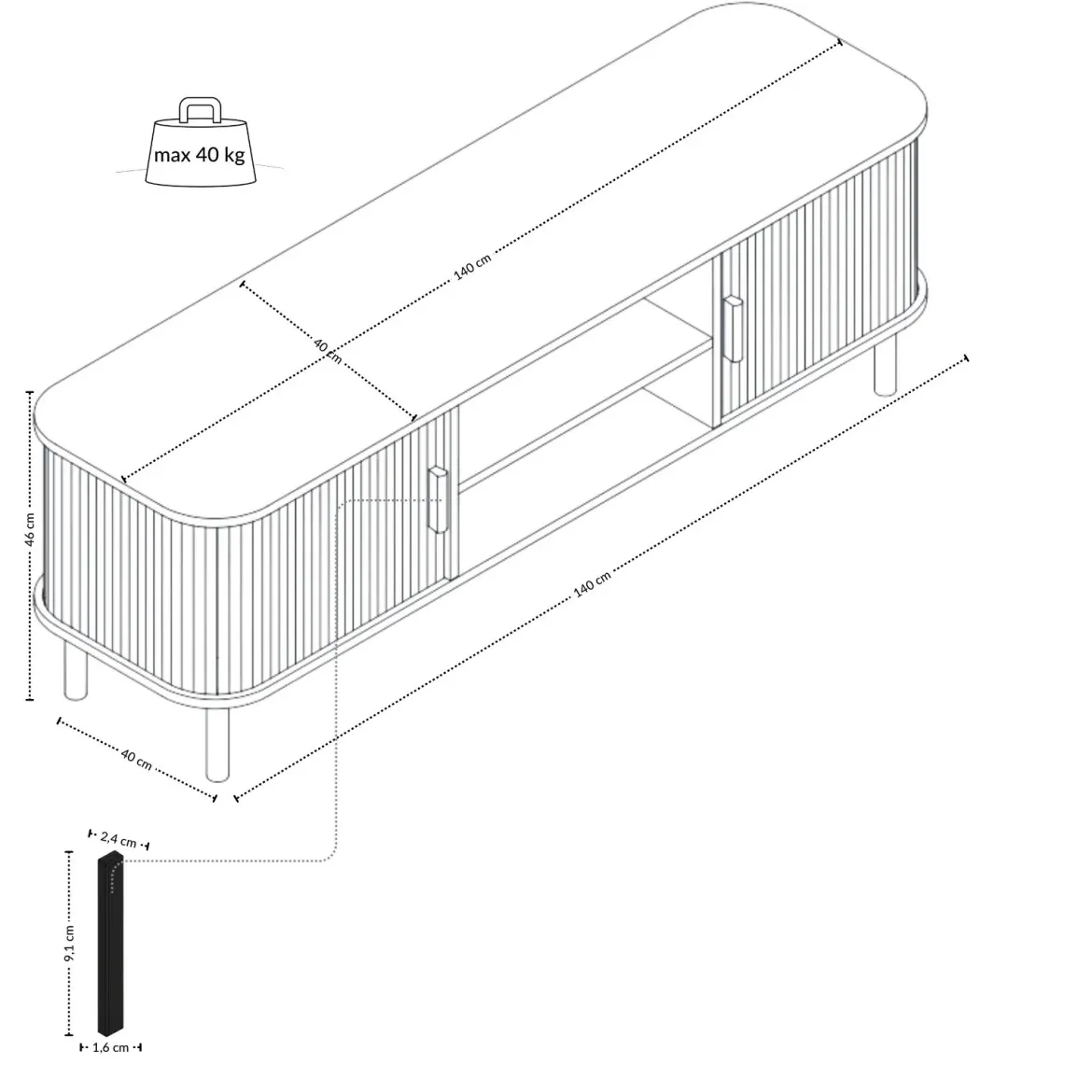 Szafka rtv ryflowana SCAVA, 140 x 40 x 46 cm