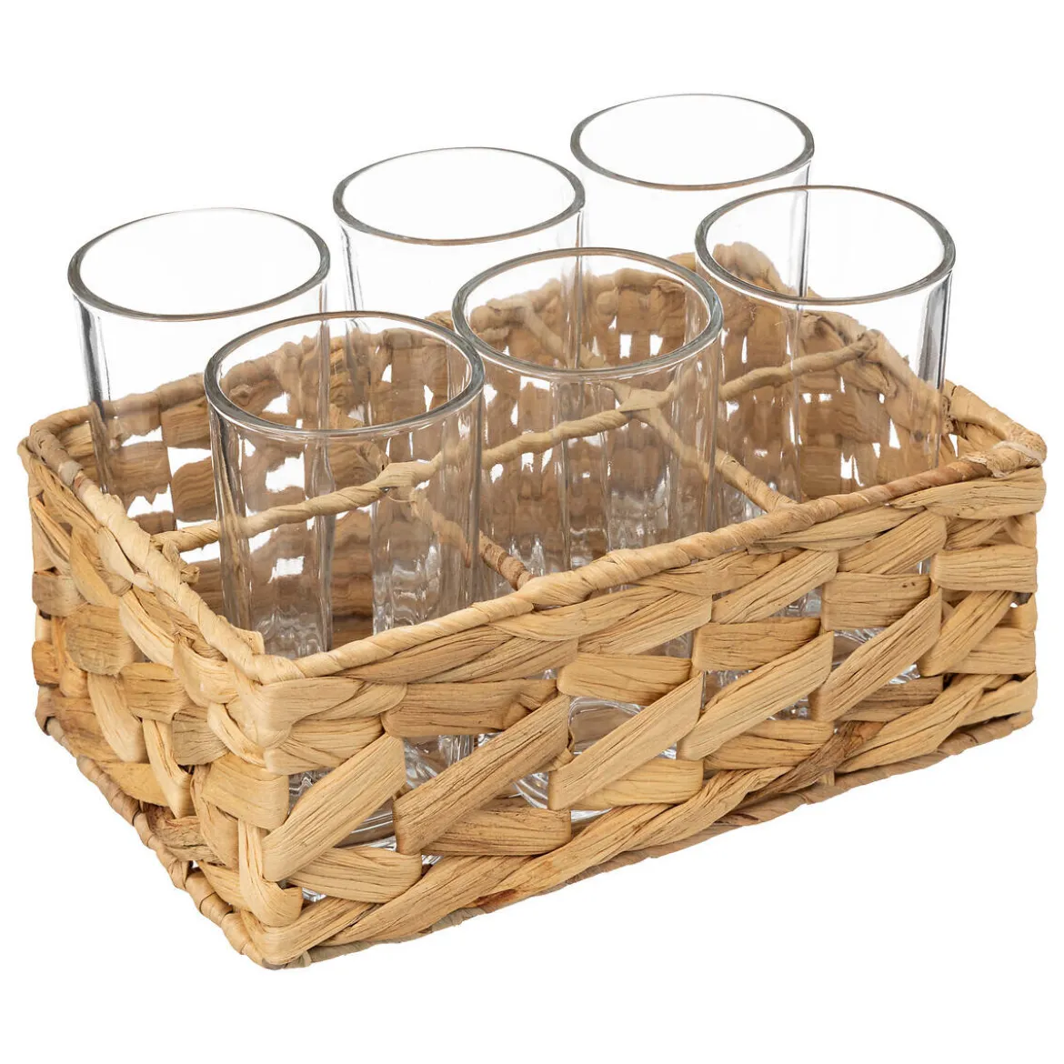 Szklanki do drinków, napojów w plecionym koszyku, 6 sztuk
