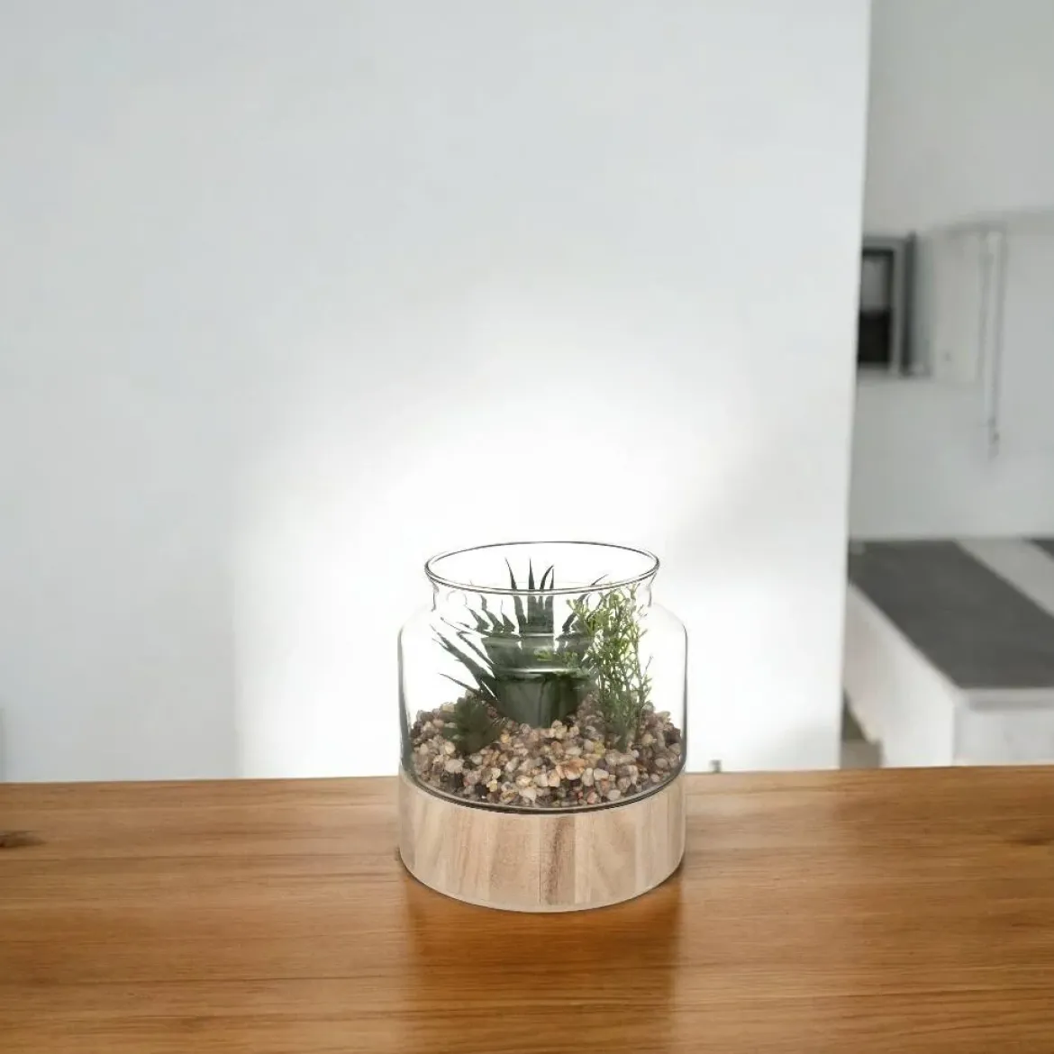 Sztuczne kwiaty doniczkowe, wys. 17,5 cm, w szklanym terrarium na podstawie