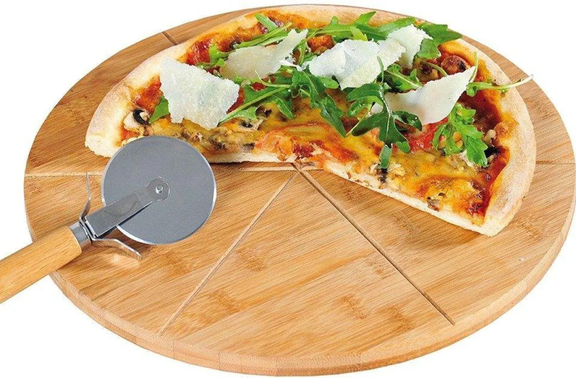 Talerz na pizze z nożykiem, bambusowa tacka na żywność