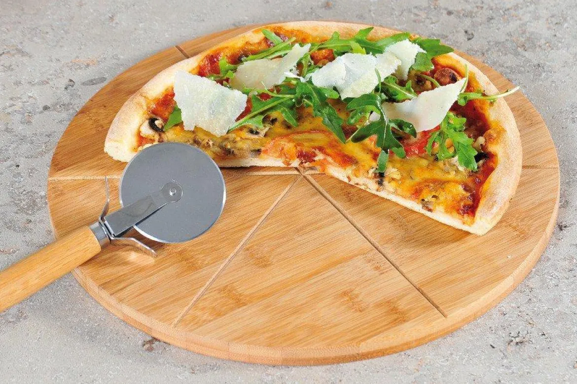 Talerz na pizze z nożykiem, bambusowa tacka na żywność