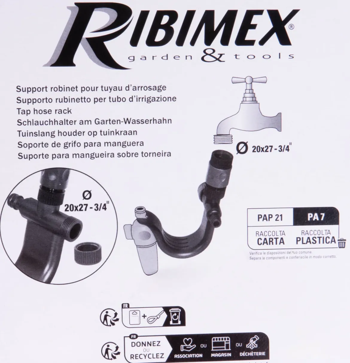 Uchywt na wąż ogrodowy RIBIMEX z rozdzielaczem wody Ø 20 x 27 mm 3/4"