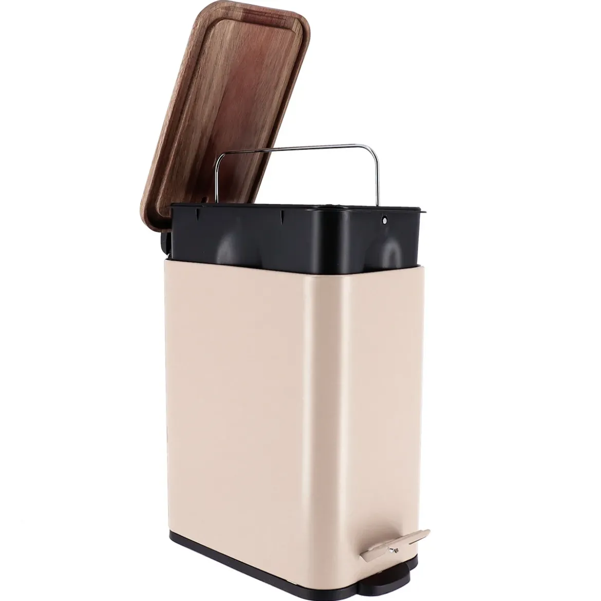 Wąski kosz do śmieci do łazienki MONO z drewnianą pokrywą, 5 l