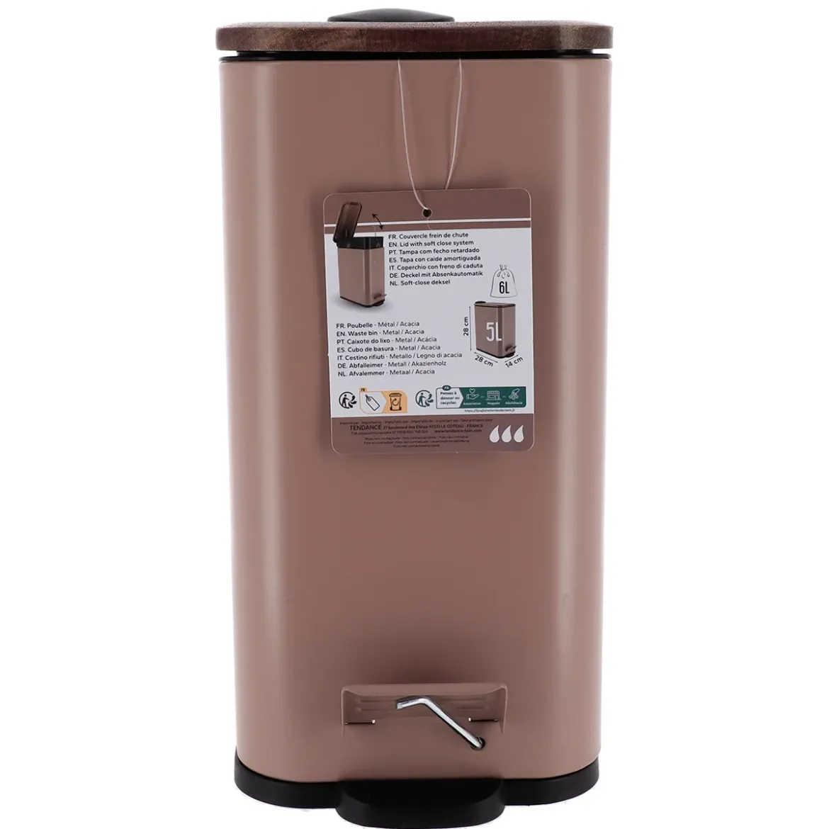 Wąski kosz do śmieci do łazienki MONO z drewnianą pokrywą, 5 l
